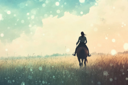 Rider on horseback enjoys a tranquil evening in a wide grassy field with soft clouds overhead.の写真素材