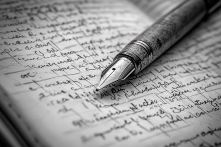 Handwritten notes fill the pages of a vintage notebook, accompanied by a beautiful fountain pen resting nearby.の写真素材