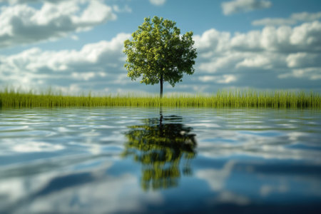 A solitary tree stands tall in the water, with its reflection visible, framed by lush grass and a blue sky.の写真素材