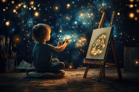 A young child sits cross-legged in a dark room, painting a glowing cosmic scene on an easel, surrounded by stars.の写真素材