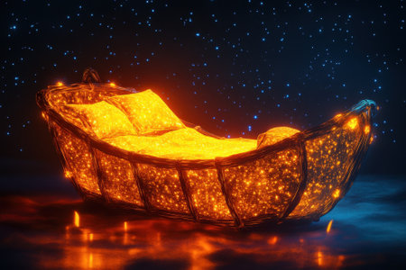 A cozy couch shaped like a boat glows warmly against a starry night sky, creating a magical atmosphere.の写真素材