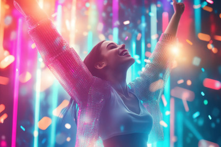 A woman joyfully celebrates with her arms raised, surrounded by colorful lights at a lively event.の写真素材
