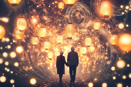 Elderly couple walks hand in hand, surrounded by twinkling lanterns and a dreamy atmosphere.の写真素材