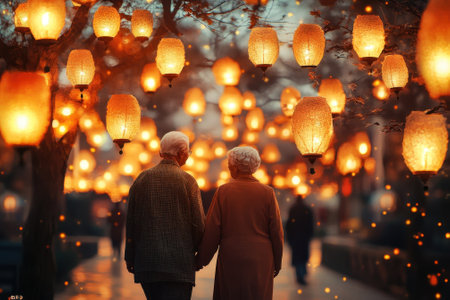 An elderly couple strolls hand in hand beneath shimmering lanterns, creating a magical ambiance at dusk.の写真素材