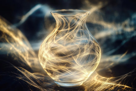 A glass vase sits in darkness, surrounded by captivating swirling lights creating a mystical atmosphere.の写真素材