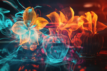 Three vases showcase vibrant flowers, radiating bright colors against a dim backdrop, creating a stunning visual.の写真素材
