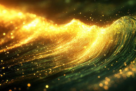 Gentle waves shimmer with golden hues and sparkles, creating a captivating and enchanting scene at dusk.の写真素材