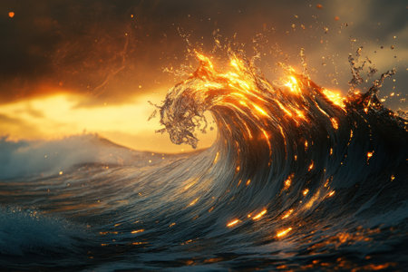 A spectacular wave crashes at sunset, casting brilliant golden light across the ocean waters.の写真素材