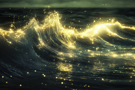 Waves crash against each other, reflecting golden light under a moody sky during twilight hours.の写真素材