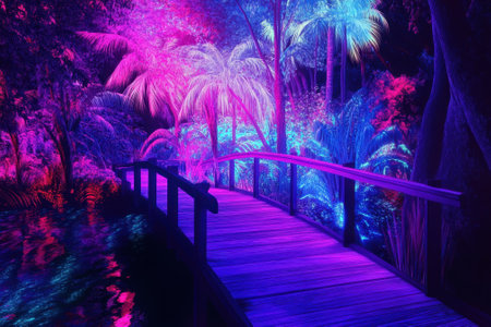 A wooden bridge spans a tranquil waterway, surrounded by lush neon-colored plants under a night sky.の写真素材