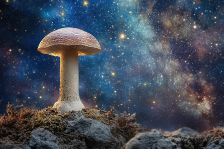 A large mushroom rises from rocky soil under a vivid, star-filled sky, surrounded by cosmic colors and light.の写真素材