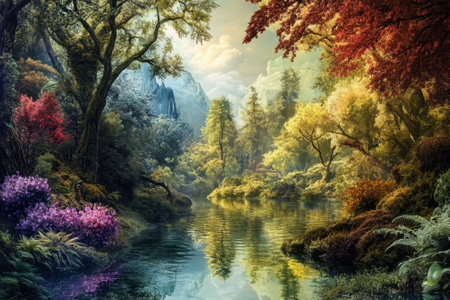 A tranquil forest features rich colors, lush trees, vibrant flowers, and calm water under soft sunlight.の写真素材