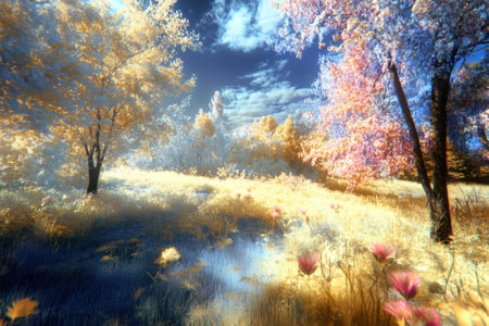 Bright autumn scenery features colorful trees with golden foliage, vibrant flowers, and a peaceful atmosphere.の写真素材