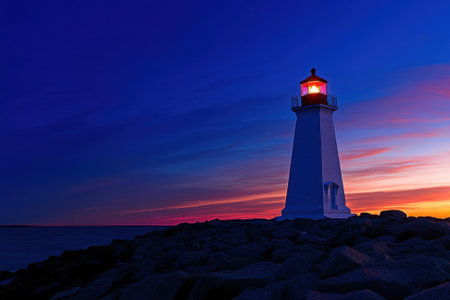 A lighthouse shines brightly as the sun sets over the calm ocean, casting colorful reflections on the water.の写真素材