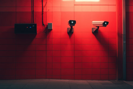 Three security cameras are positioned against a striking red wall, capturing the atmosphere of a city at night.の写真素材