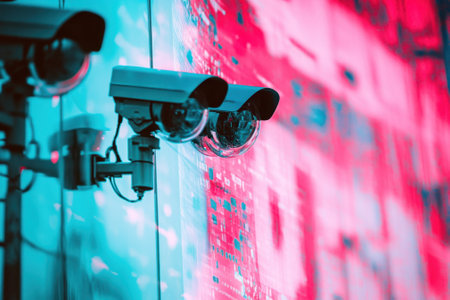 Three security cameras are positioned against a vibrant digital display in a bustling urban area.の写真素材