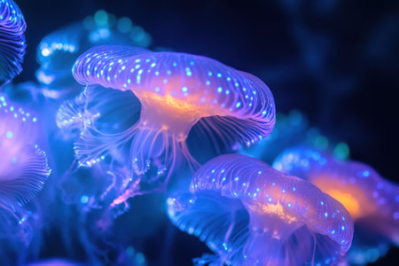 Colorful jellyfish float gracefully, illuminated by blue and orange lights in an aquarium setting.の写真素材