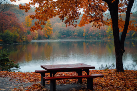 A serene lakeside view features vibrant fall foliage and a rustic picnic table surrounded by leaves.の写真素材