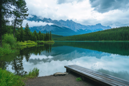 A tranquil lake reflects towering mountains under overcast skies, surrounded by vibrant trees and natural beauty.の写真素材
