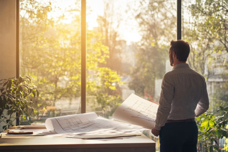 Professional examines architectural plans in a bright office filled with plants and natural light.の写真素材