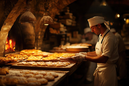 A skilled baker carefully arranges freshly baked pastries on a wooden table in a warmly lit bakery.の写真素材