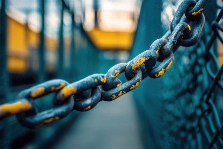 A close-up view of a rusty chain linked to a fence, showing urban textures and colors under natural light.の写真素材