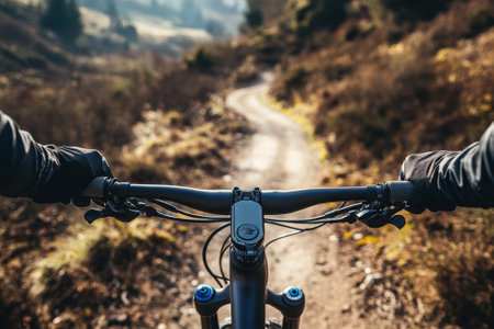 Biking down a winding dirt path surrounded by trees and hills under bright sunlight.の写真素材