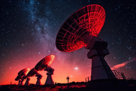 Red radio telescopes stand tall against a starry night, capturing signals from distant galaxies and planets.の写真素材