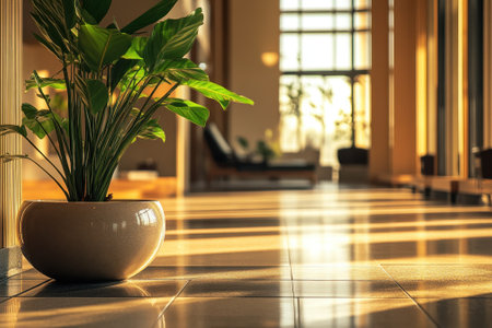 A lush green plant sits in a pot along a sunlit hallway, casting shadows on the tiled floor in a tranquil setting.の写真素材