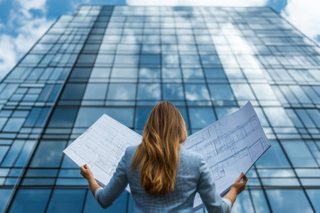 A professional holds blueprints while examining a contemporary glass building under a clear sky.の写真素材