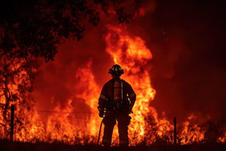 A firefighter monitors a large wildfire, standing protectively as flames engulf the landscape nearby.の写真素材