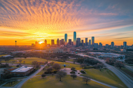 Golden sunset casts a warm glow over the Dallas skyline, illuminating the city against a clear sky.の写真素材
