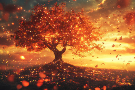 A radiant tree stands at sunset, its leaves glowing in warm colors as they gently fall to the ground.の写真素材