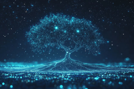 A vibrant digital tree stands tall, adorned with glowing particles in a dark atmosphere evoking tranquility.の写真素材