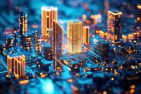 Brightly lit skyscrapers create a vibrant atmosphere in a futuristic urban landscape at night.の写真素材