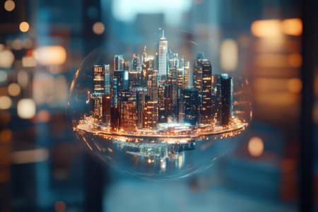 A glowing city skyline is displayed within a translucent sphere, showcasing nighttime brilliance and urban beauty.の写真素材