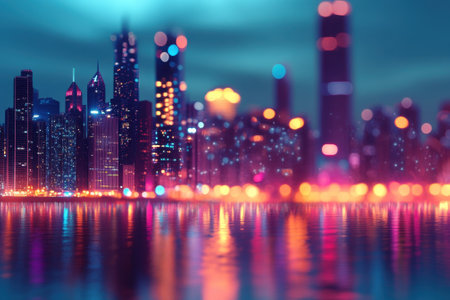 A stunning city skyline at night glows with bright, colorful lights reflecting on the water's surface.の写真素材