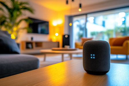 A modern living room features a smart speaker on a table, surrounded by cozy furniture and warm lighting.の写真素材