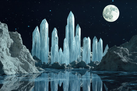 Towering crystal structures reflect beautifully in calm water with a bright moon illuminating the darkness.の写真素材