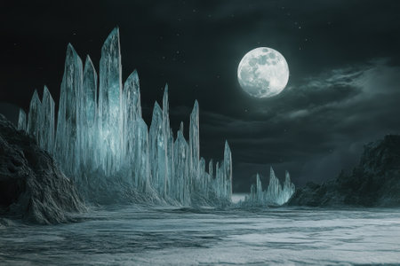Majestic crystal structures rise from a desolate terrain under a bright moonlit sky, creating a surreal atmosphere.の写真素材