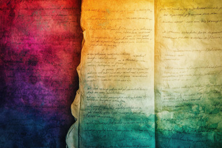A beautifully aged manuscript displays intricate writing on textured parchment with vibrant color transitions.の写真素材