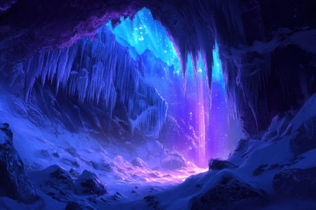 An enchanting ice cave features vivid colors and glimmering lights surrounded by snow-covered rocks and icy formations.の写真素材