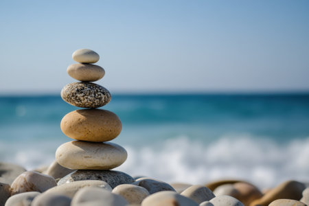 Smooth stones are carefully balanced on top of each other on a beach, with gentle ocean waves rolling in.の写真素材