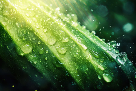 Morning sunlight creates a beautiful effect on a green leaf covered in glistening water droplets in nature.の写真素材