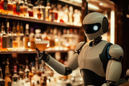 A sleek robot is mixing cocktails and serving drinks in an upscale bar at night.の写真素材