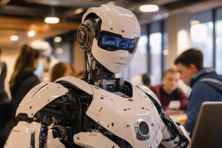 A humanoid robot engages with students in a bright and spacious classroom filled with technology.の写真素材
