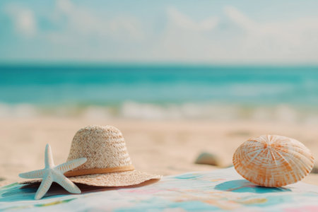 A straw hat and seashell sit on a beach blanket as soft waves lap against the shore on a sunny day.の写真素材