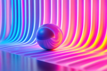 A spherical object rests on a surface illuminated by striking wavy lines of colorful light in a creative setup.の写真素材
