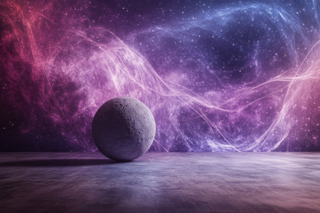 A textured sphere rests on a surface while colorful cosmic swirls illuminate the space around it.の写真素材