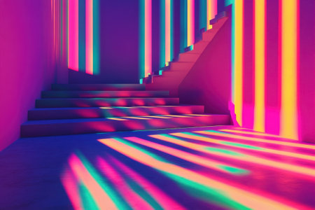 Vibrant rays of color stretch across a modern staircase in an art installation, creating a captivating atmosphere.の写真素材